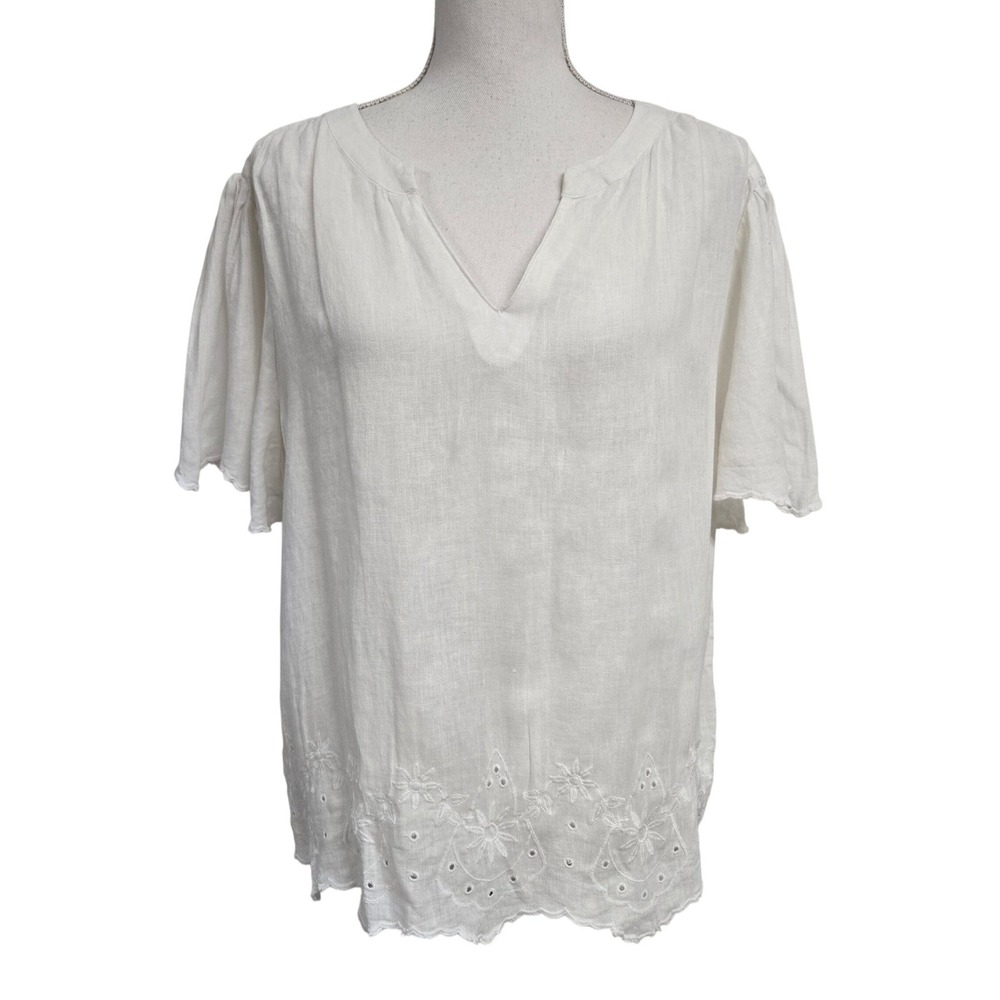 Chico's 100% Linen Eyelet‎ Embroidered Hem Flutter Sleeve Blouse White Size 3 XL